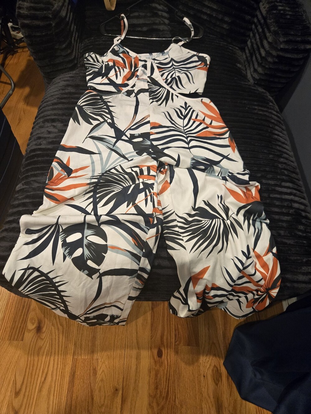 Women's Tropical Print Jumpsuit in White with Black & Orange Leaf Pattern - Picture 9 of 10